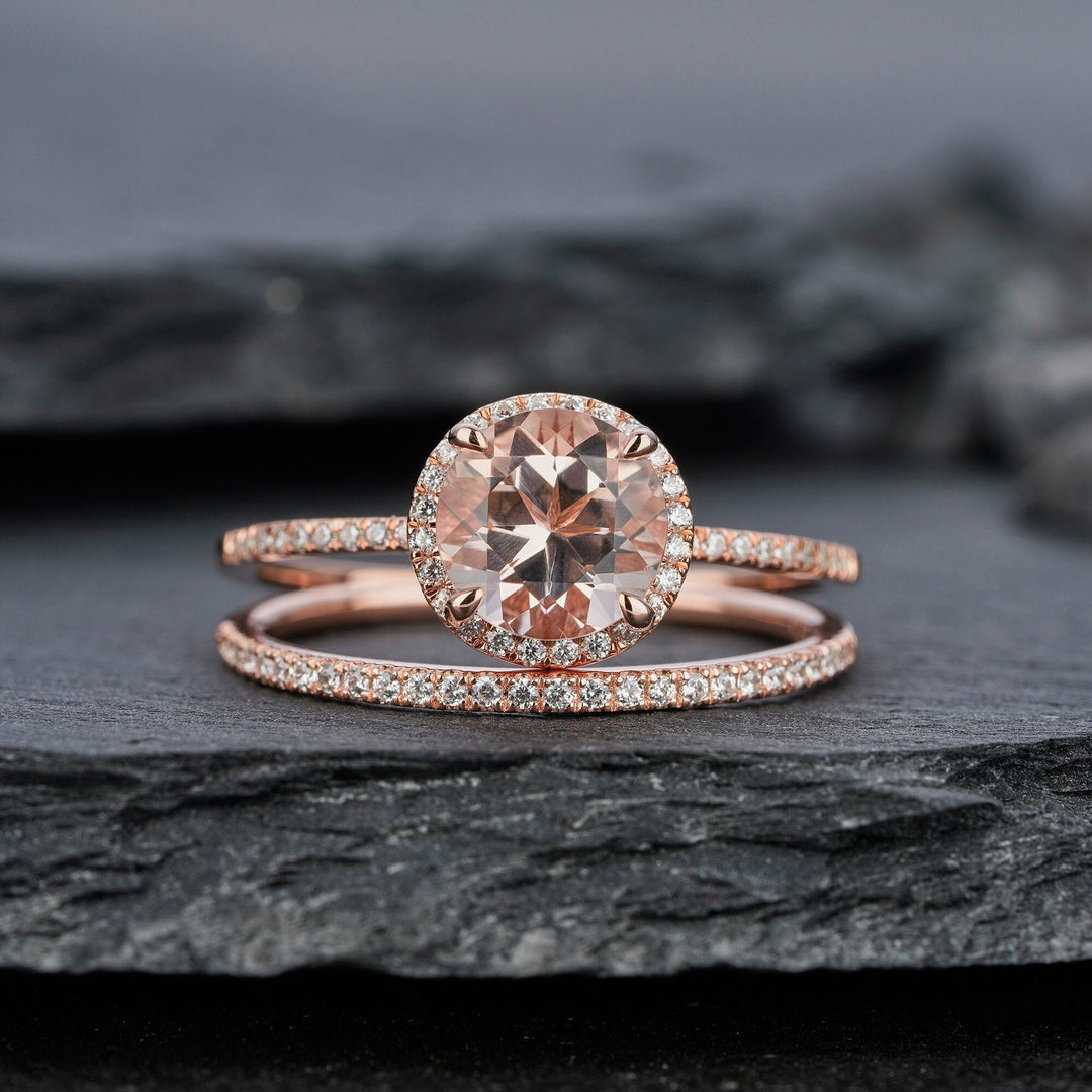 Vintage Natural Peach Morganite Engagement Ring Set, Round Cut Pink Morganite Wedding Bridal Set, Rose Gold Promise Stackable Ring for Women - ShainJewelry