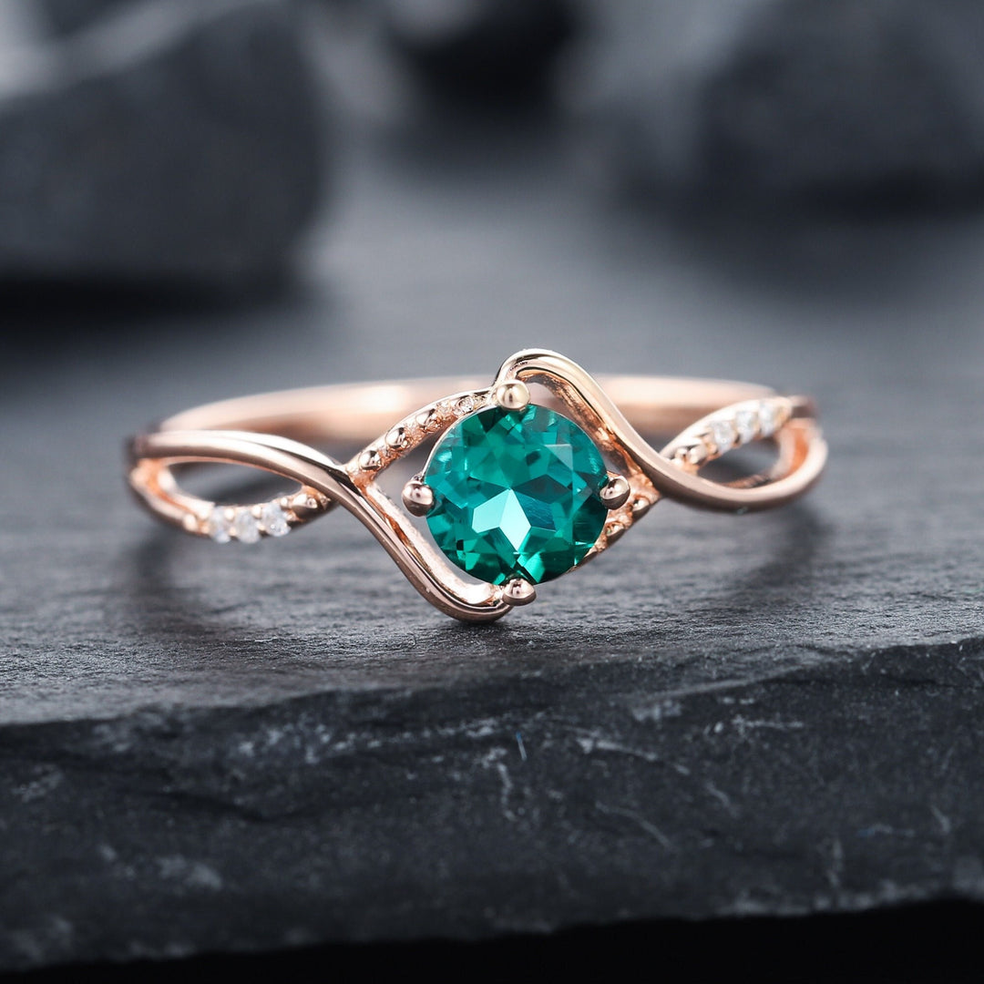 Vintage Emerald Engagement Ring, Twig Promise Ring, 14k Rose Gold Emerald Wedding Ring, May Birthstone Anniversary Ring Emerald Bridal Ring - ShainJewelry