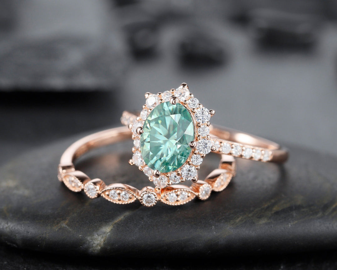 Vintage Mint Green Moissanite and Halo Diamond Ring Set, Oval Moissanite Rose Gold Floral Engagement Ring Set, Green Moissanite Bridal Set - ShainJewelry