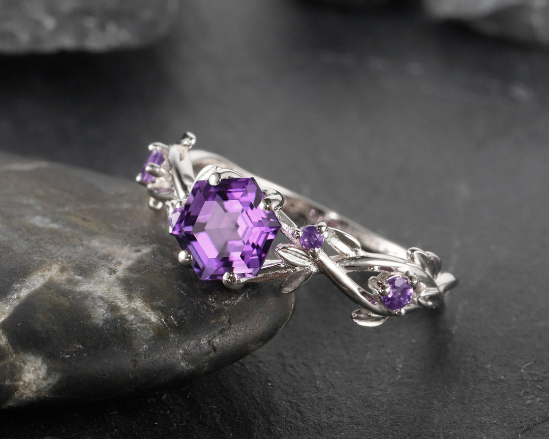 Vintage Hexagon Cut Amethyst Leaf Engagement Ring, Dainty Twist Branch Amethyst Promise Ring, Unique Rose Gold Purple Amethyst Wedding Ring - ShainJewelry