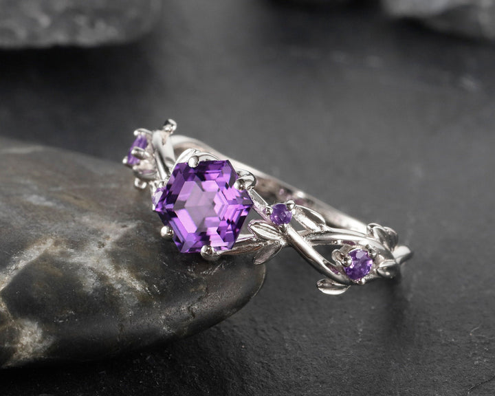 Vintage Hexagon Cut Amethyst Leaf Engagement Ring, Dainty Twist Branch Amethyst Promise Ring, Unique Rose Gold Purple Amethyst Wedding Ring - ShainJewelry