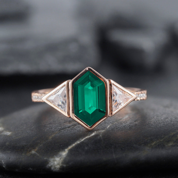 Vintage Long Hexagon Cut Emerald Engagement Ring, Unique 14K White Gold Trilliant Moissanite Wedding Promise Ring Three Stone Ring For Women - ShainJewelry
