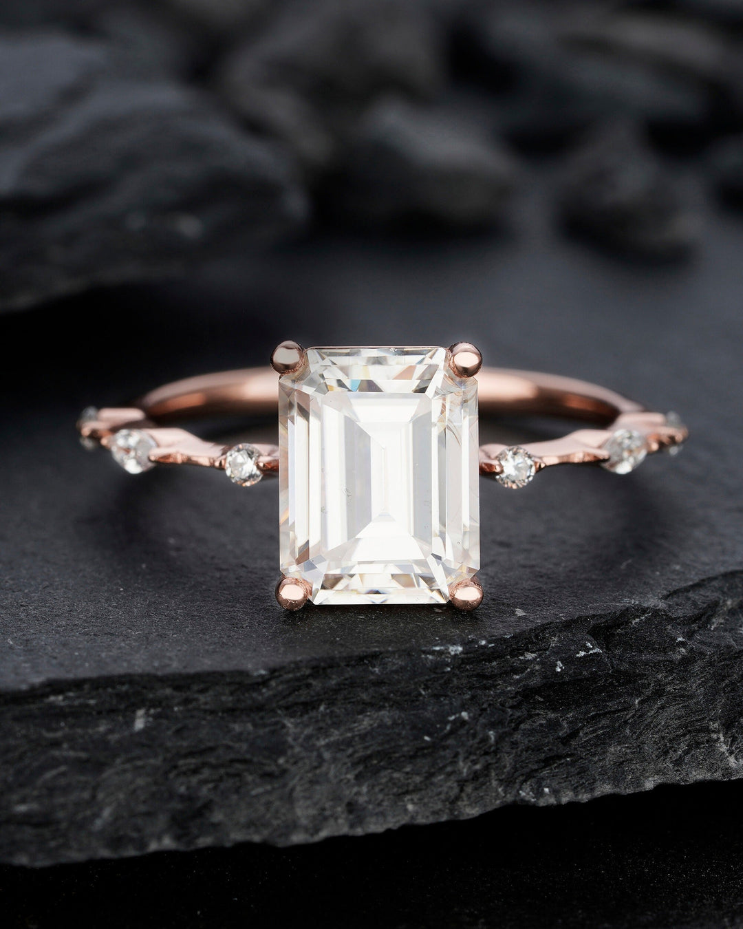 Vintage 3 Carat Emerald Cut Moissanite Engagement Ring, 14k Rose Gold Moissanite Wedding Ring, Moissanite Promise Bridal Ring Gift For Women - ShainJewelry