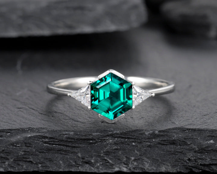 Dainty Hexagon Emerald Engagement Ring, Vintage Trigonal Moissanite Wedding Ring, Sterling Silver 14K Gold Three Stone Promise Ring For Her - ShainJewelry