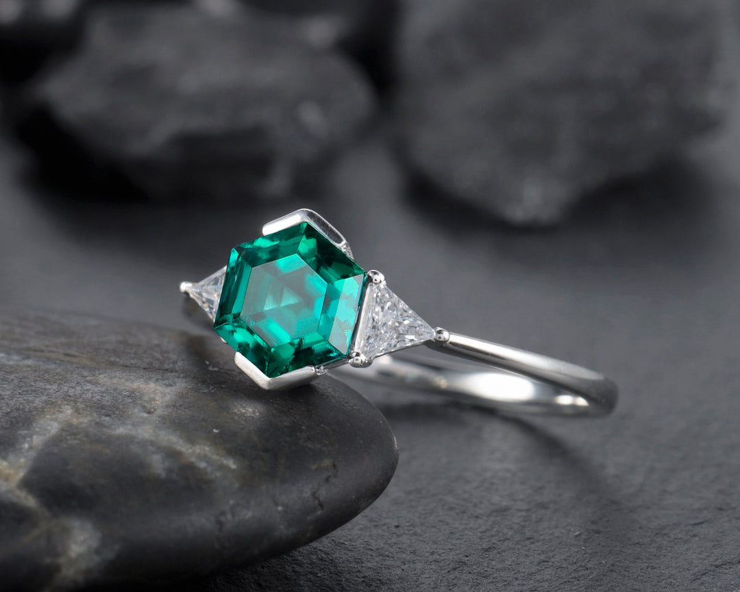Dainty Hexagon Emerald Engagement Ring, Vintage Trigonal Moissanite Wedding Ring, Sterling Silver 14K Gold Three Stone Promise Ring For Her - ShainJewelry