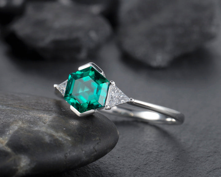 Dainty Hexagon Emerald Engagement Ring, Vintage Trigonal Moissanite Wedding Ring, Sterling Silver 14K Gold Three Stone Promise Ring For Her - ShainJewelry