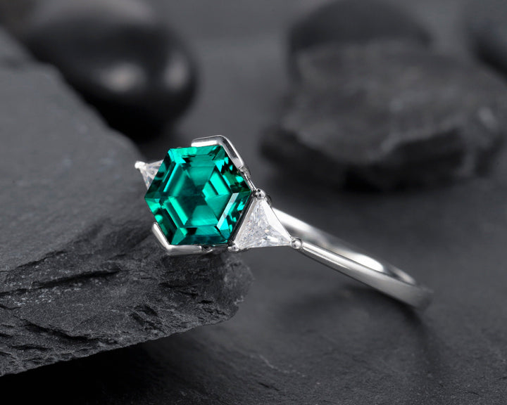 Dainty Hexagon Emerald Engagement Ring, Vintage Trigonal Moissanite Wedding Ring, Sterling Silver 14K Gold Three Stone Promise Ring For Her - ShainJewelry