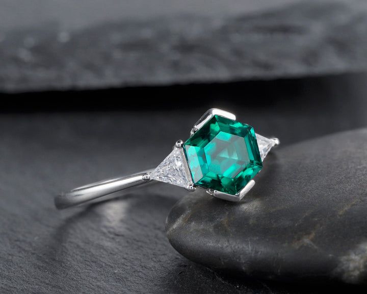 Dainty Hexagon Emerald Engagement Ring, Vintage Trigonal Moissanite Wedding Ring, Sterling Silver 14K Gold Three Stone Promise Ring For Her - ShainJewelry