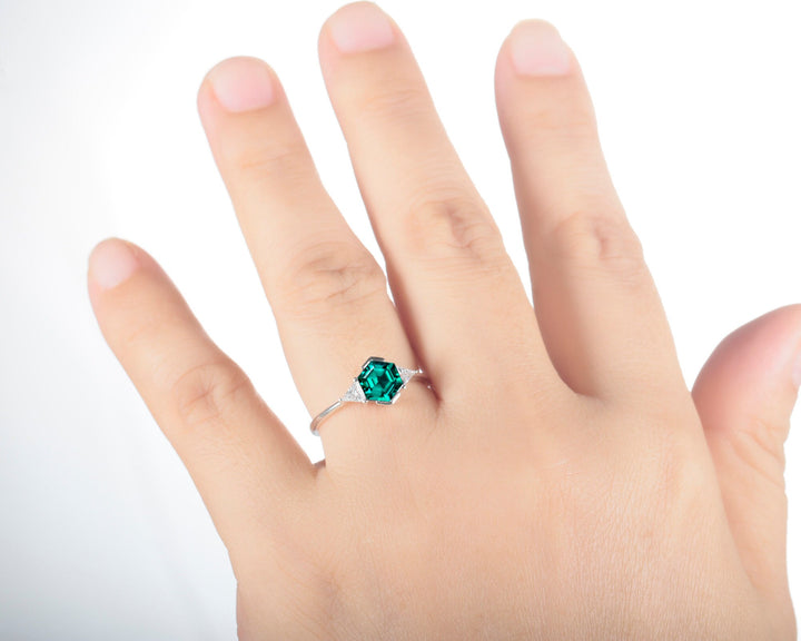 Dainty Hexagon Emerald Engagement Ring, Vintage Trigonal Moissanite Wedding Ring, Sterling Silver 14K Gold Three Stone Promise Ring For Her - ShainJewelry