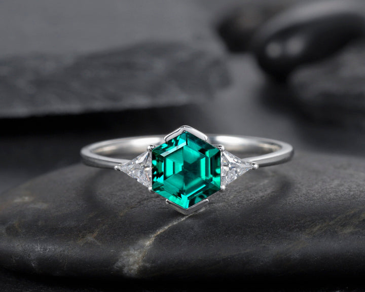 Dainty Hexagon Emerald Engagement Ring, Vintage Trigonal Moissanite Wedding Ring, Sterling Silver 14K Gold Three Stone Promise Ring For Her - ShainJewelry