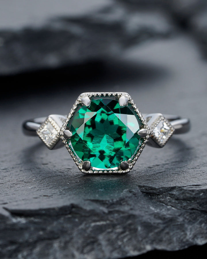 Hexagonal Emerald Engagement Ring, Vintage 2 CT Emerald Wedding Ring, Round Cut May Birthstone Anniversary Promise Ring, 14k White Gold Ring - ShainJewelry