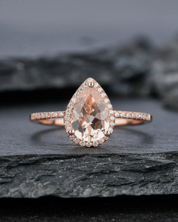 Vintage Pear Cut Peach Morganite Diamond Engagement Ring, Teardrop Pink Morganite Wedding Ring, 14K Rose Gold Morganite Halo Promise Ring, - ShainJewelry