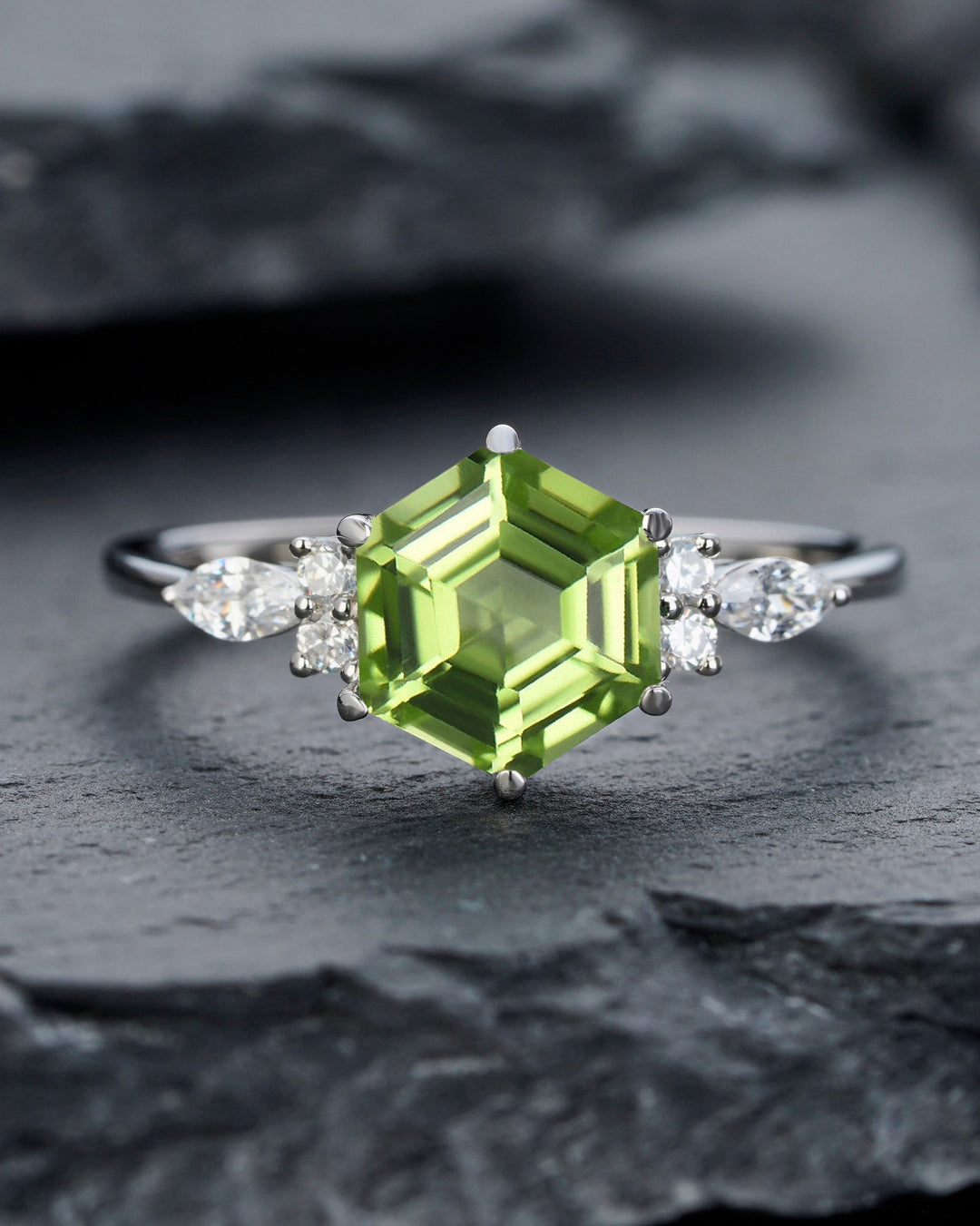 Vintage Hexagon Cut Natural Peridot Engagement Ring, Unique 14K White Gold August Birthstone Peridot Wedding Anniversary Promise Ring Gift - ShainJewelry