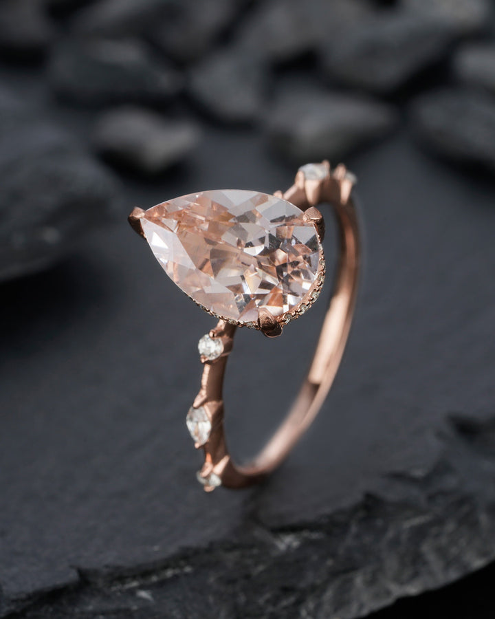 Vintage 3 Carats Large Pear Cut Pink Morganite Diamond Engagement Ring, Unique Rose Gold Teardrop Morganite Hidden Halo Wedding Promise Ring - ShainJewelry