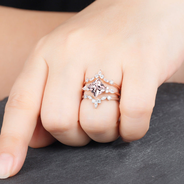 Princess Cut Pink Morganite Bridal Set Vintage Peach Morganite Engagement Ring Set Ring Guard Spacer Wedding Set Rose Gold Promise Ring - ShainJewelry