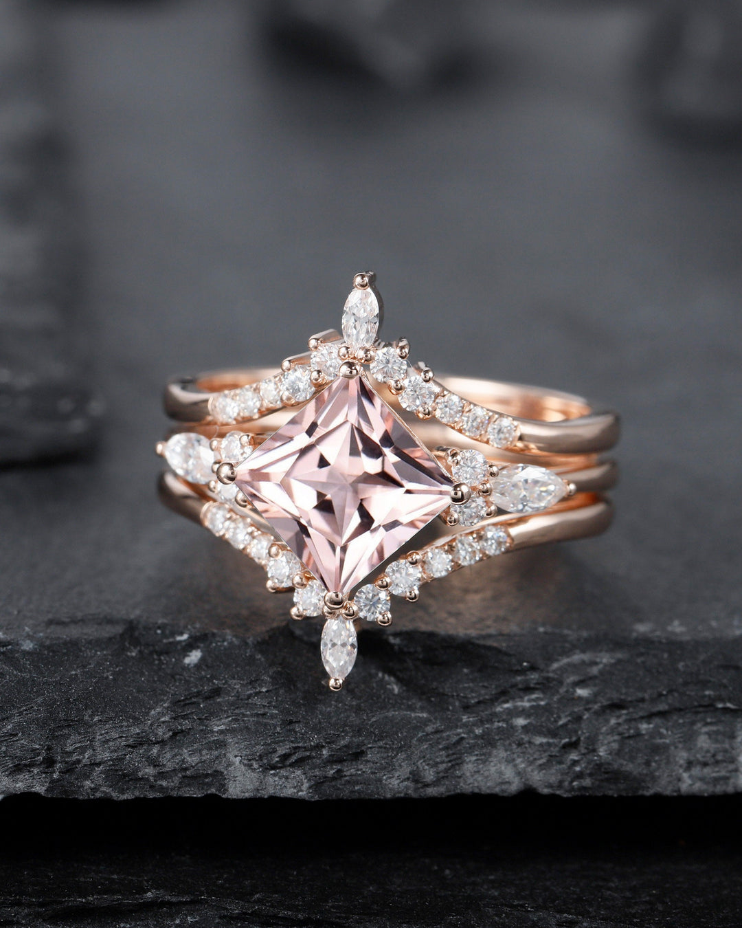 Princess Cut Pink Morganite Bridal Set Vintage Peach Morganite Engagement Ring Set Ring Guard Spacer Wedding Set Rose Gold Promise Ring - ShainJewelry