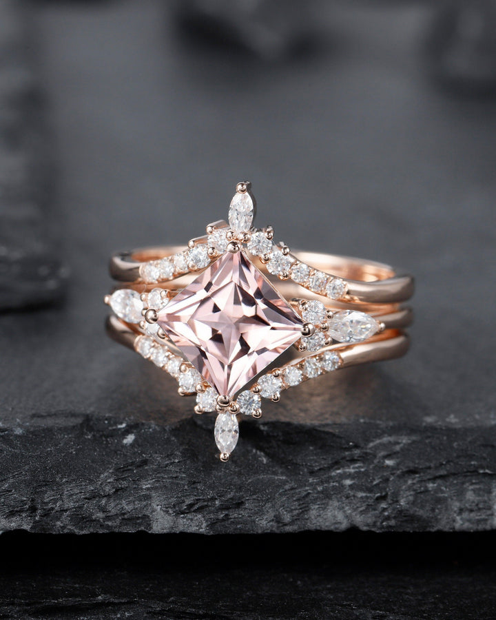 Princess Cut Pink Morganite Bridal Set Vintage Peach Morganite Engagement Ring Set Ring Guard Spacer Wedding Set Rose Gold Promise Ring - ShainJewelry