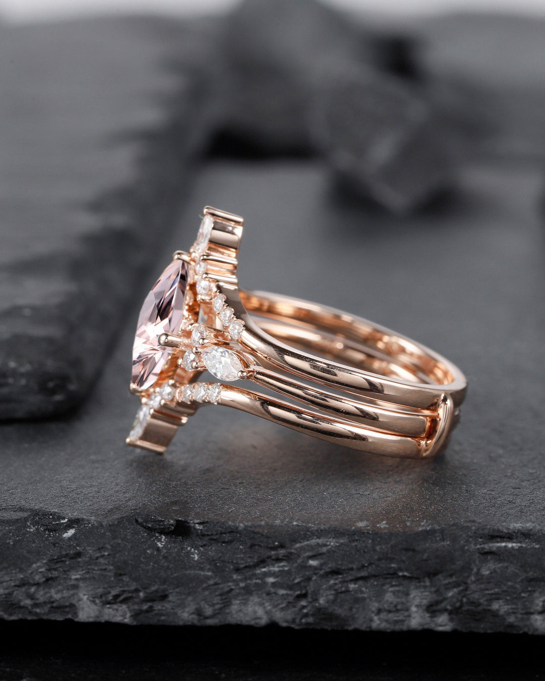 Princess Cut Pink Morganite Bridal Set Vintage Peach Morganite Engagement Ring Set Ring Guard Spacer Wedding Set Rose Gold Promise Ring - ShainJewelry