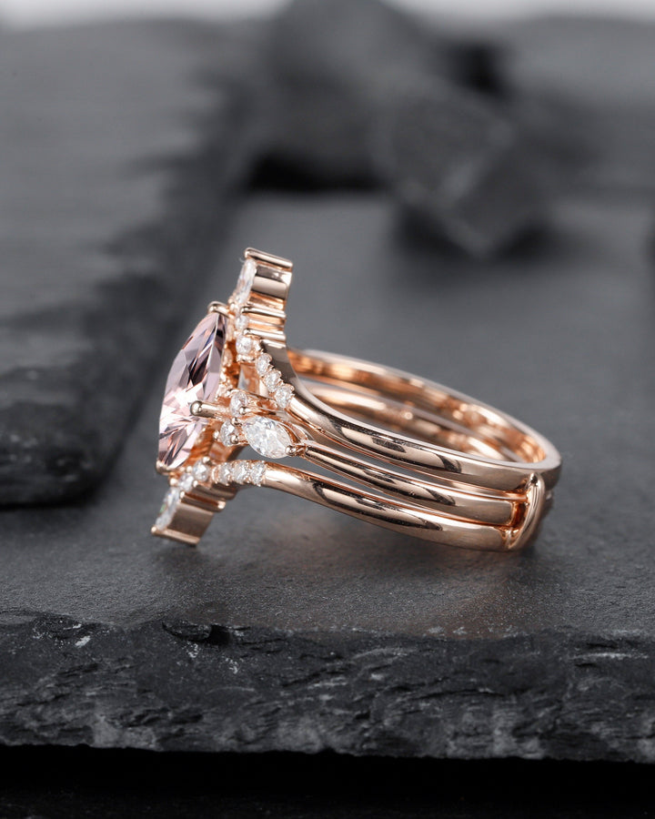 Princess Cut Pink Morganite Bridal Set Vintage Peach Morganite Engagement Ring Set Ring Guard Spacer Wedding Set Rose Gold Promise Ring - ShainJewelry