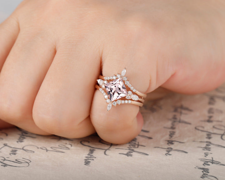 Princess Cut Pink Morganite Bridal Set Vintage Peach Morganite Engagement Ring Set Ring Guard Spacer Wedding Set Rose Gold Promise Ring - ShainJewelry