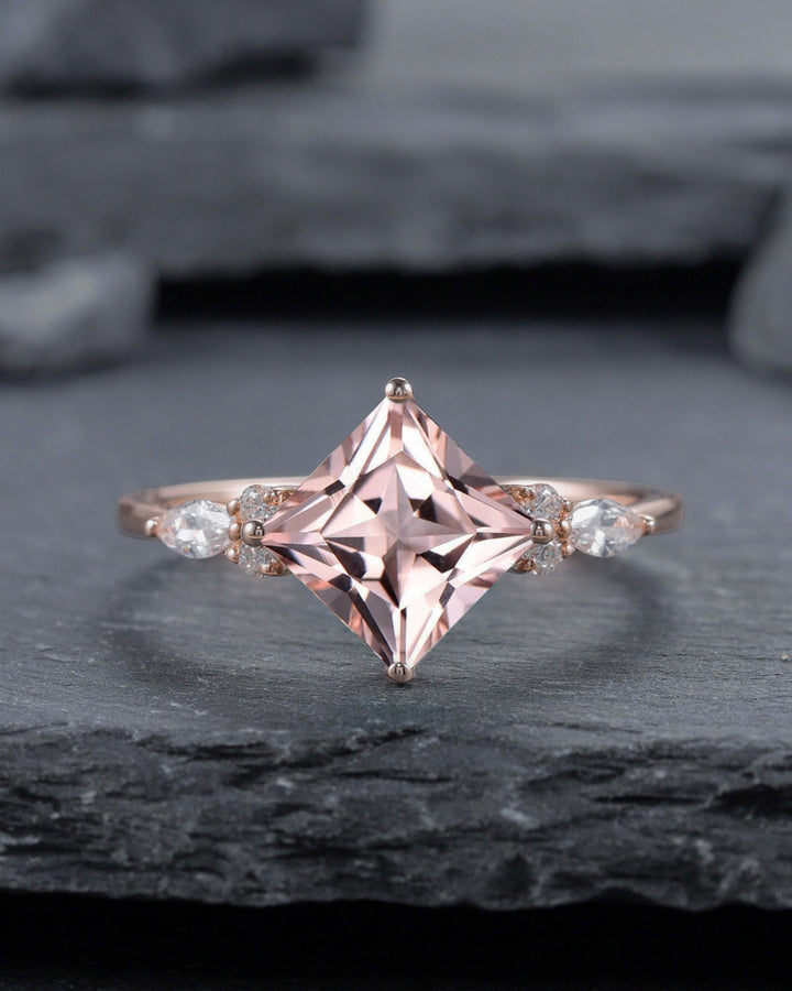 Princess Cut Pink Morganite Bridal Set Vintage Peach Morganite Engagement Ring Set Ring Guard Spacer Wedding Set Rose Gold Promise Ring - ShainJewelry