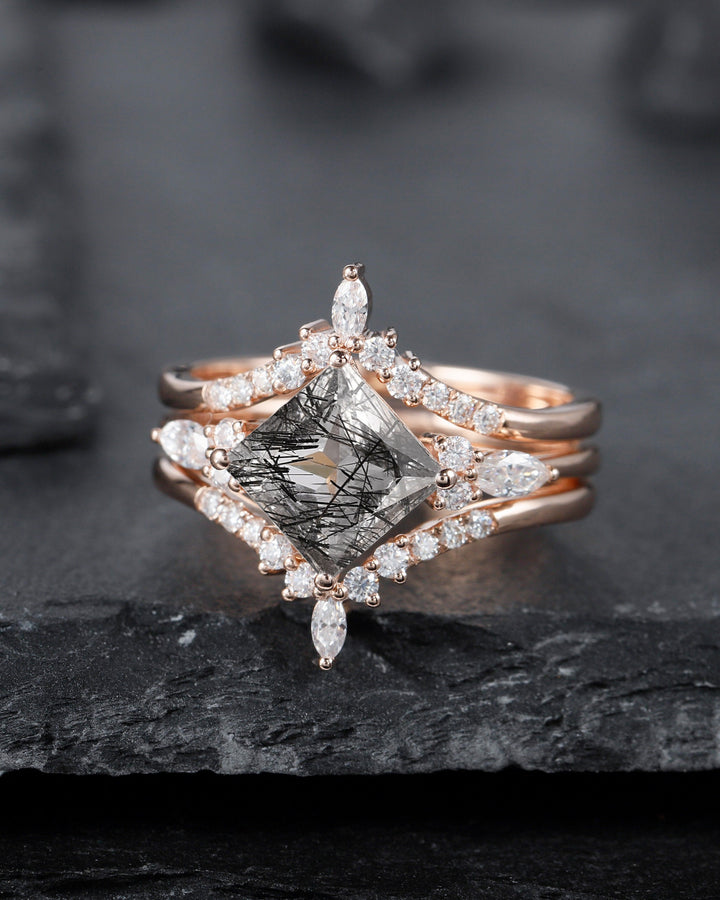 Princess Cut Black Rutilated Bridal Set, Ring Guard Spacer Engagement Ring Set, Dual Band Black Rutilated Wedding Set Rose Gold Promise Ring - ShainJewelry