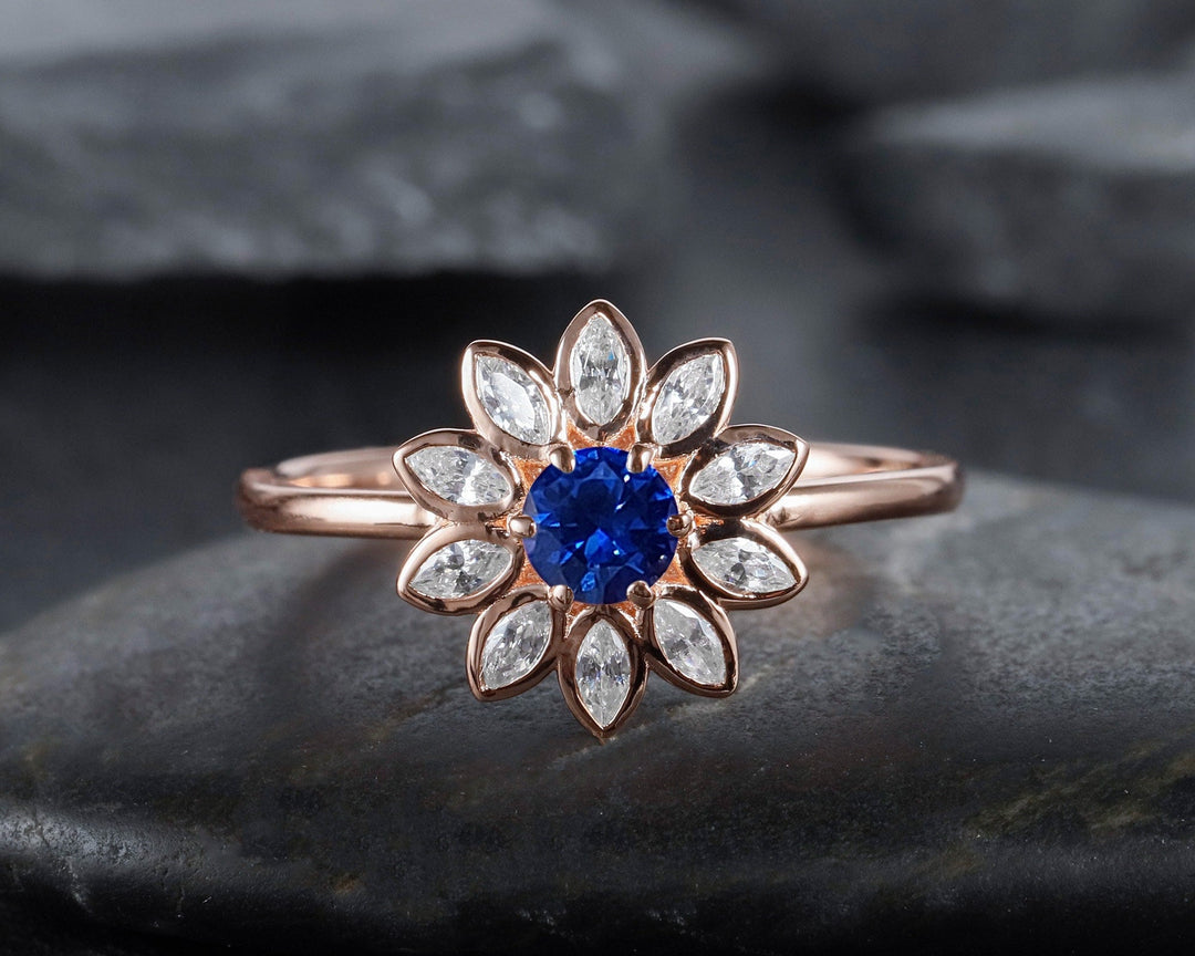 Vintage Sunflower Natural Royal Blue Sapphire Engagement Ring, Rose Gold Bezel Setting Wedding Ring, Marquise Moissanite Accent Promise Ring - ShainJewelry