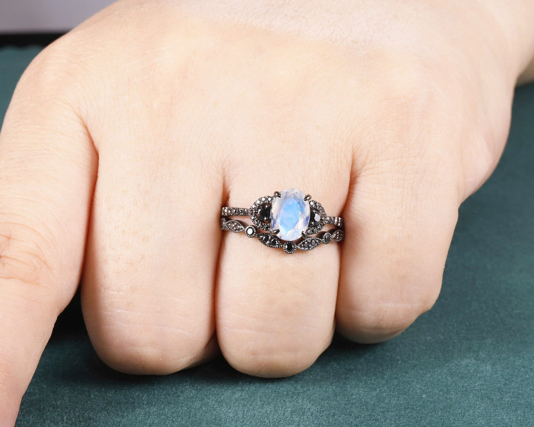 Vintage Oval Natural Moonstone Engagement Ring Set, Black Gold Vermeil and Moonstone Promise Ring Set Rhodium Black Moissanite Bridal Set - ShainJewelry