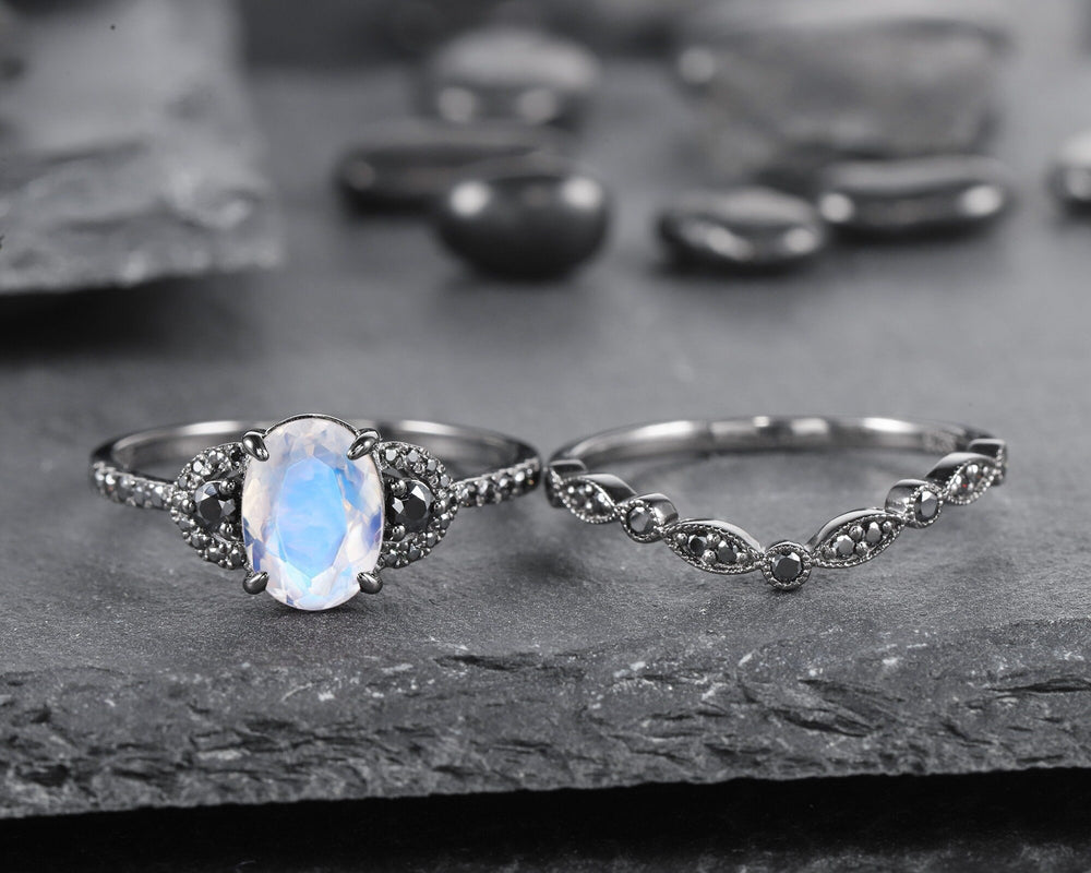 Vintage Oval Natural Moonstone Engagement Ring Set, Black Gold Vermeil and Moonstone Promise Ring Set Rhodium Black Moissanite Bridal Set - ShainJewelry