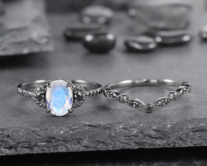 Vintage Oval Natural Moonstone Engagement Ring Set, Black Gold Vermeil and Moonstone Promise Ring Set Rhodium Black Moissanite Bridal Set - ShainJewelry