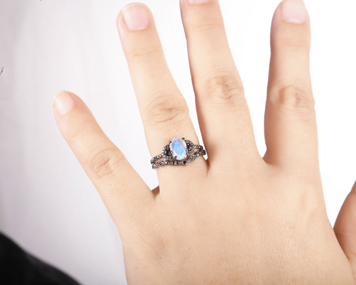 Vintage Oval Natural Moonstone Engagement Ring Set, Black Gold Vermeil and Moonstone Promise Ring Set Rhodium Black Moissanite Bridal Set - ShainJewelry