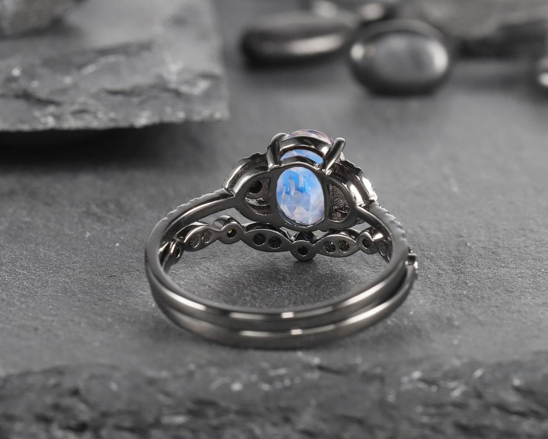 Vintage Oval Natural Moonstone Engagement Ring Set, Black Gold Vermeil and Moonstone Promise Ring Set Rhodium Black Moissanite Bridal Set - ShainJewelry