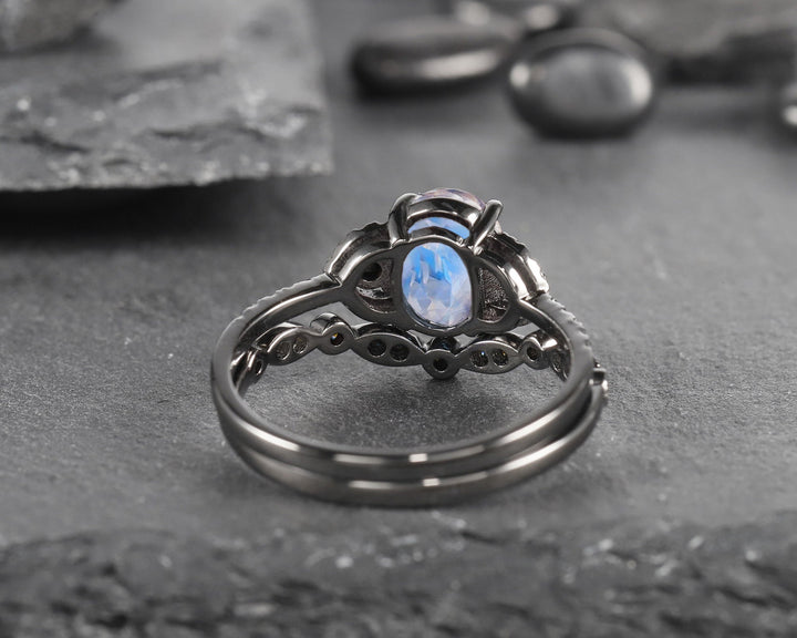 Vintage Oval Natural Moonstone Engagement Ring Set, Black Gold Vermeil and Moonstone Promise Ring Set Rhodium Black Moissanite Bridal Set - ShainJewelry