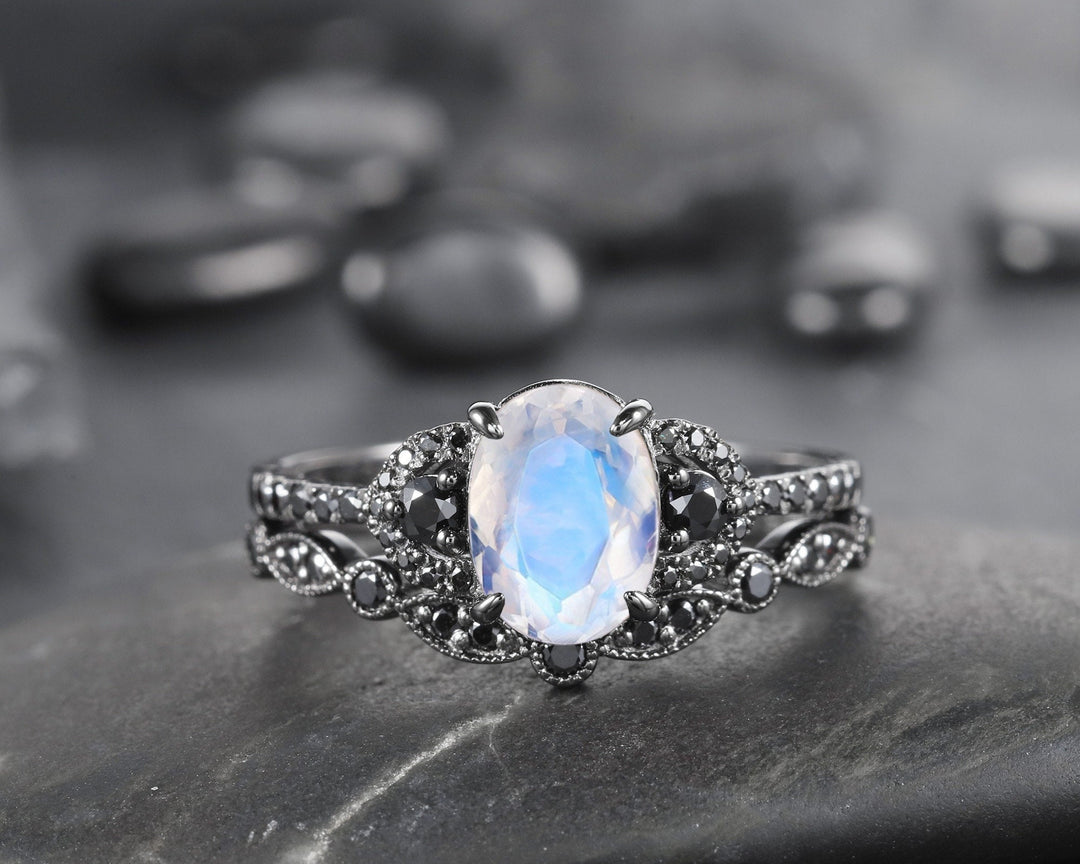 Vintage Oval Natural Moonstone Engagement Ring Set, Black Gold Vermeil and Moonstone Promise Ring Set Rhodium Black Moissanite Bridal Set - ShainJewelry
