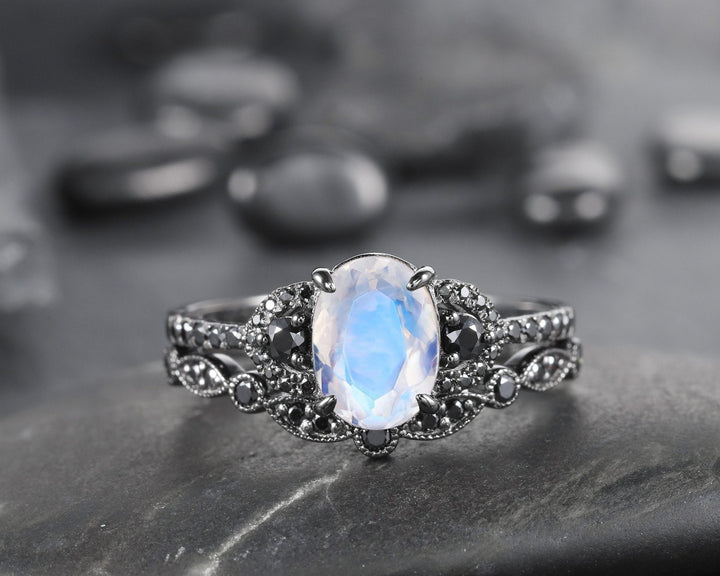 Vintage Oval Natural Moonstone Engagement Ring Set, Black Gold Vermeil and Moonstone Promise Ring Set Rhodium Black Moissanite Bridal Set - ShainJewelry