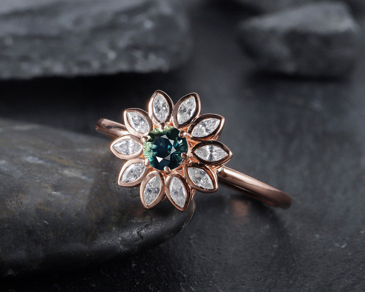 Vintage Sunflower Natural Teal Sapphire Engagement Ring, 18K Rose Gold Bezel Setting Wedding Ring, Marquise Moissanite Accent Promise Ring - ShainJewelry