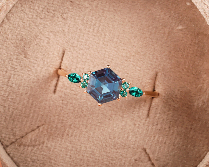 Vintage Hexagon Alexandrite and Emerald Engagement Ring Unique White Gold Wedding Ring June Birthstone Anniversary Promise Ring Gift for her - ShainJewelry