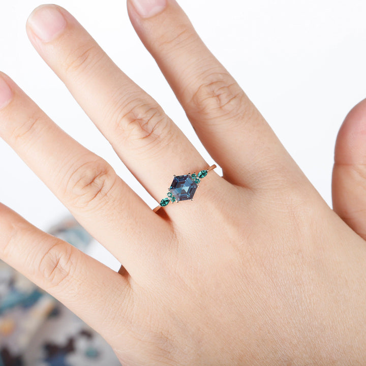 Vintage Hexagon Alexandrite and Emerald Engagement Ring Unique White Gold Wedding Ring June Birthstone Anniversary Promise Ring Gift for her - ShainJewelry