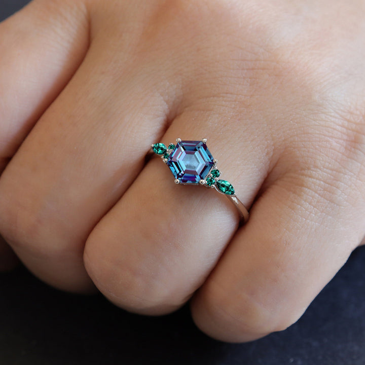 Vintage Hexagon Alexandrite and Emerald Engagement Ring Unique White Gold Wedding Ring June Birthstone Anniversary Promise Ring Gift for her - ShainJewelry