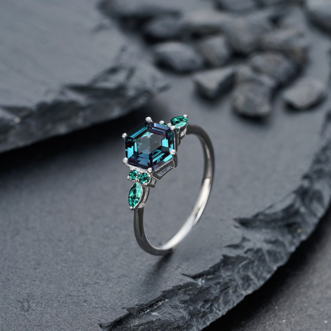 Vintage Hexagon Alexandrite and Emerald Engagement Ring Unique White Gold Wedding Ring June Birthstone Anniversary Promise Ring Gift for her - ShainJewelry