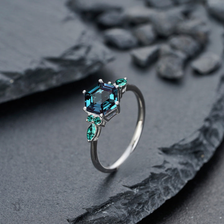 Vintage Hexagon Alexandrite and Emerald Engagement Ring Unique White Gold Wedding Ring June Birthstone Anniversary Promise Ring Gift for her - ShainJewelry