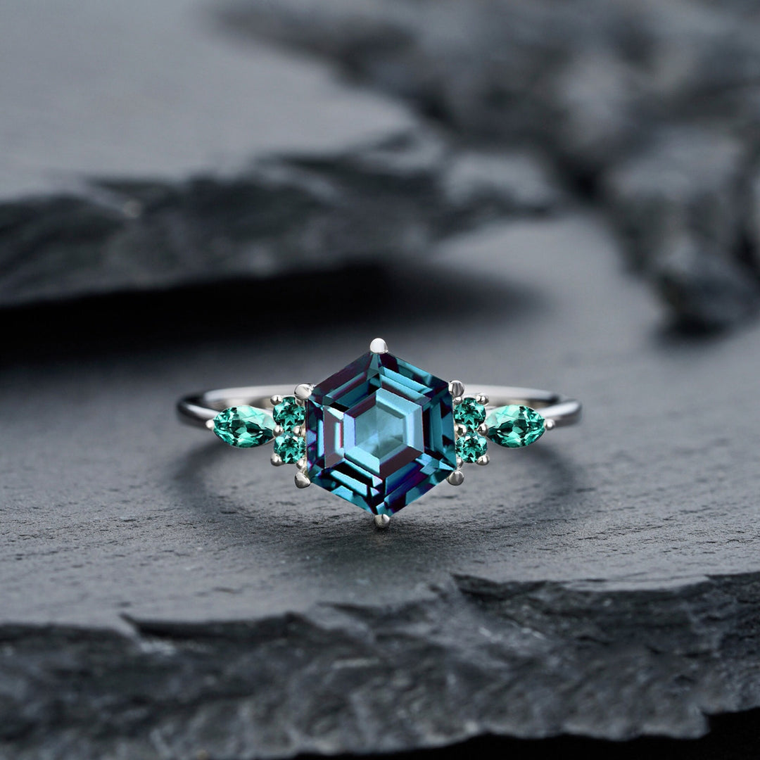 Vintage Hexagon Alexandrite and Emerald Engagement Ring Unique White Gold Wedding Ring June Birthstone Anniversary Promise Ring Gift for her - ShainJewelry