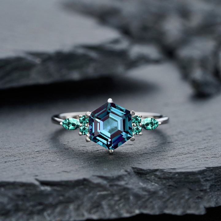 Vintage Hexagon Alexandrite and Emerald Engagement Ring Unique White Gold Wedding Ring June Birthstone Anniversary Promise Ring Gift for her - ShainJewelry
