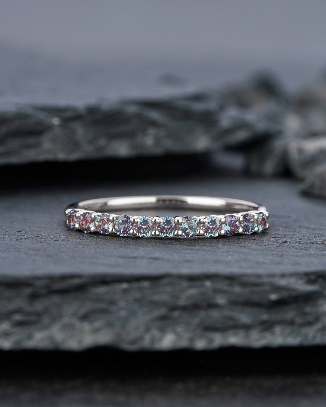 Alexandrite Wedding Band, Vintage White Gold Alexandrite Matching Band, Half Eternity Art Deco Engagement Anniversary Promise Ring for Women - ShainJewelry