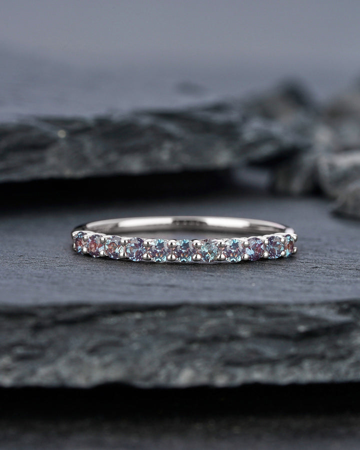 Alexandrite Wedding Band, Vintage White Gold Alexandrite Matching Band, Half Eternity Art Deco Engagement Anniversary Promise Ring for Women - ShainJewelry