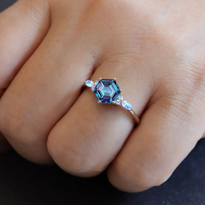 Vintage Hexagon Alexandrite and Marquise Moonstone Engagement Ring, Unique Rose Gold Alexandrite Wedding Ring, Anniversary Promise Ring Gift - ShainJewelry