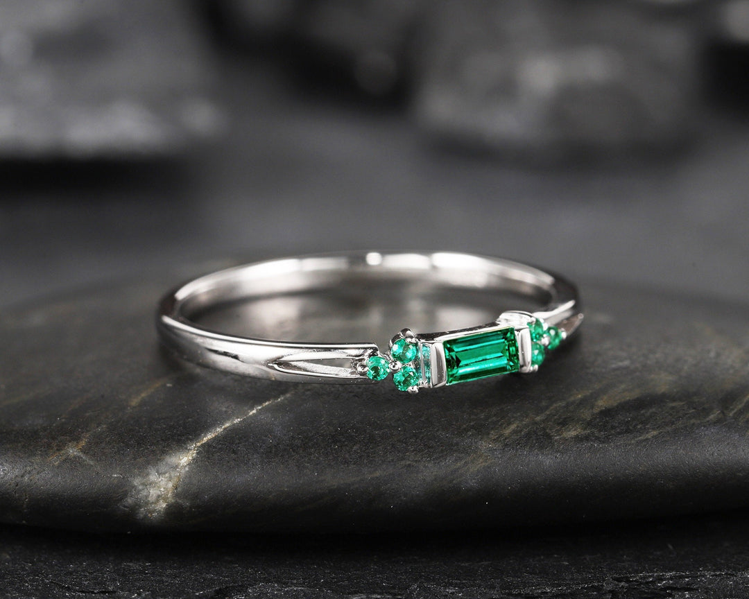 Baguette Emerald Wedding Band, Sterling Silver 925 or White Gold Cluster Emerald Matching Band, Emerald Anniversary Ring Gift for women - ShainJewelry