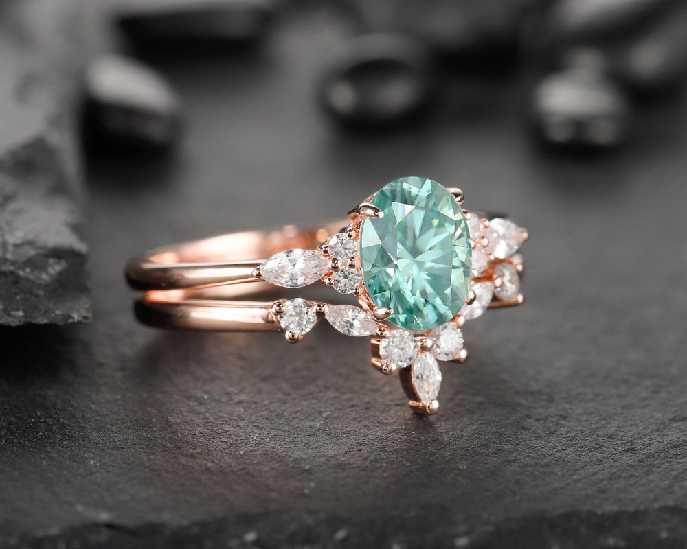Vintage Oval Cut Green Moissanite Engagement Ring Set, Unique Rose Gold /Silver Mint Moissanite Wedding Bridal Set Promise Ring for Women - ShainJewelry
