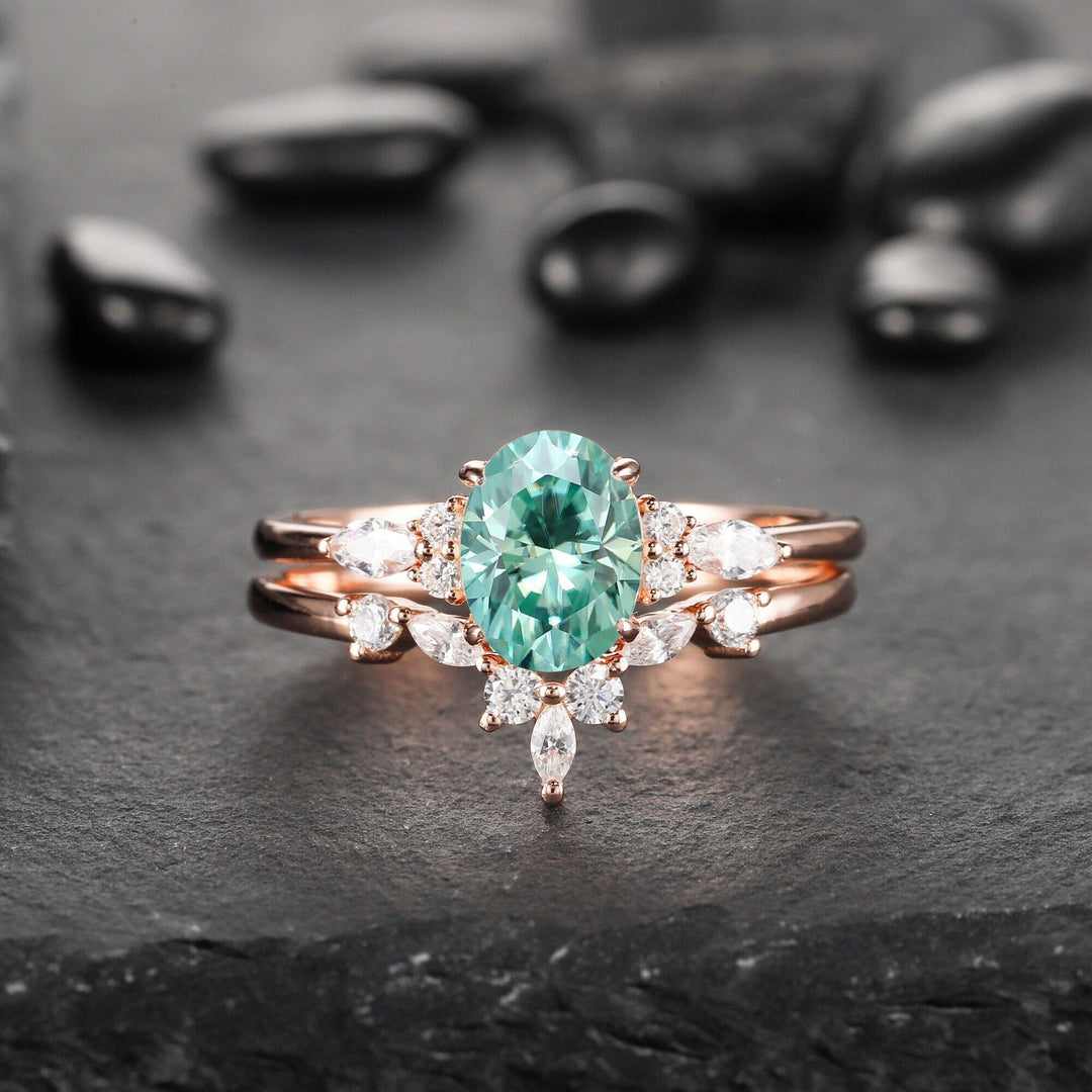 Vintage Oval Cut Green Moissanite Engagement Ring Set, Unique Rose Gold /Silver Mint Moissanite Wedding Bridal Set Promise Ring for Women - ShainJewelry