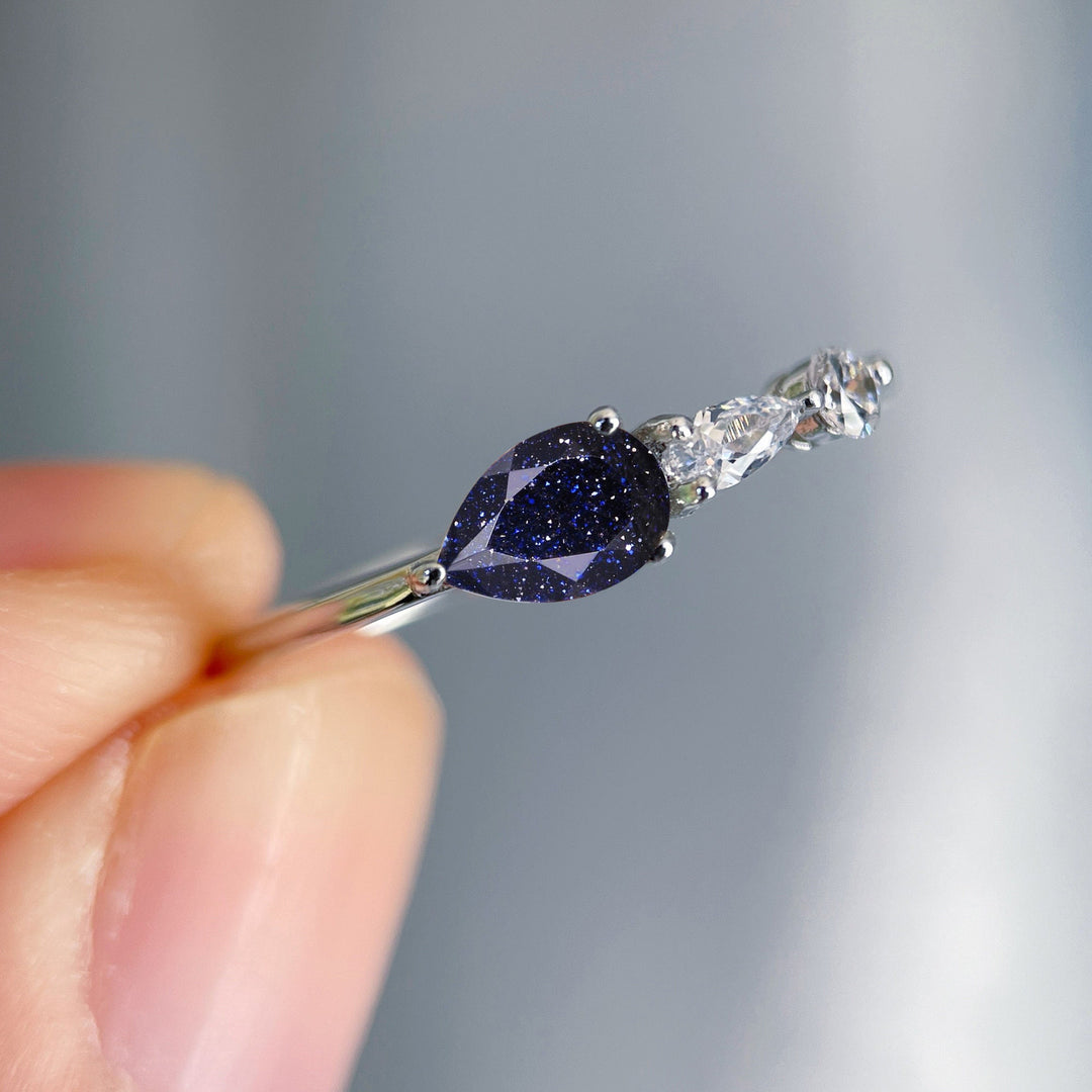 Vintage Blue Sandstone Engagement Ring, Pear White Gold Star Sandstone Moissanite Wedding Band,Three Stone Women Bridal Promise Ring for her - ShainJewelry